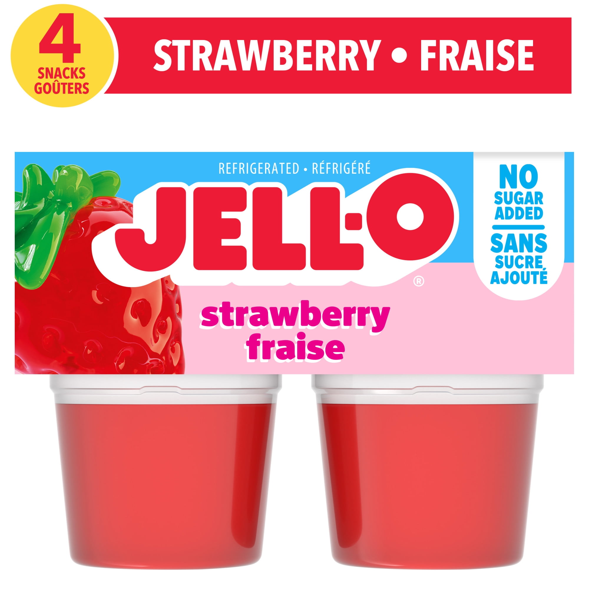 Jell-O Strawberry No Sugar Added Refrigerated Ready-to-Eat Gel Snack Cups, 4 ct Cups