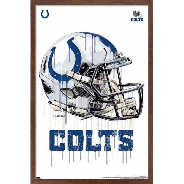 NFL Indianapolis Colts - Affiche Murale « Drip Helmet 20 », 22,375 Po x 34 Po Présentant une Vue avant Centrée d'Un Casque de football Blanc avec un logo de Fer à Cheval Bleu et un Masque Facial Noir, avec Effets de Goutte de Peinture et Texte « Colts » Bleu Vieilli en Dessous, Encadrée en Bois Foncé, Convient à l'Art Mural et à la Déco Intérieure.