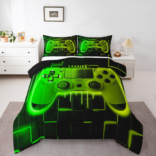 Green Yellow Gaming Full Size Comforter Sets for Boys - Gamer Comforter Boys Full Size Bedding Set, Neon Lights Abstract Geometry Design Gamer Room Decor