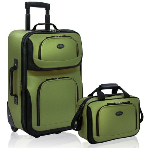 U.S. Traveler Rio Rugged Fabric Expandable Carry-On Luggage Set in green, featuring a 2-piece design with a 21-inch upright suitcase and a travel tote. The luggage is made of durable 1200D rigid polyester with a softside shell. The upright suitcase includes a retractable push-button handle system, inline skate wheels with corner protectors, and an EVA padded front panel for added durability. It offers multiple front pockets, a large zippered mesh lid pocket, and dual adjustable tie-down straps. The expandable feature provides 25% more packing capacity. The travel tote includes a detachable padded shoulder strap and a piggy-bag strap for easy carrying. Dimensions: Upright - 21 in. H x 13.5 in. W x 7.5 in. D (expands to 9 in. D); Tote - 14 in. W x 10 in. H x 6 in. D.