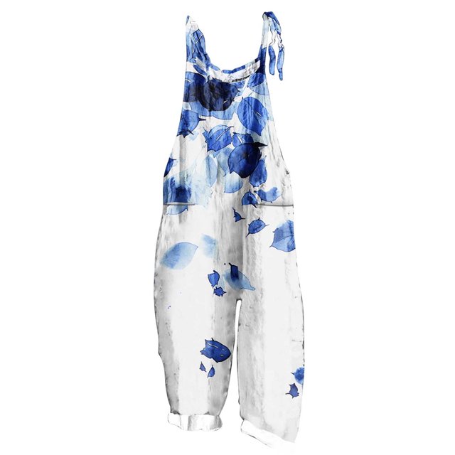 yoeyez Rompers for Women Summer,Ladies Print Summer Plus Size Long Jumpsuits Sleeveless Adjustable Straps Backless Overalls Jumpsuits With Pockets Blue,XL
