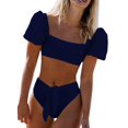 thumbnail image 1 of Womens Cute Solid Bubble Sleeves High Waisted Two Piece Bikini Swimsuit,Blue,XL, 1 of 4