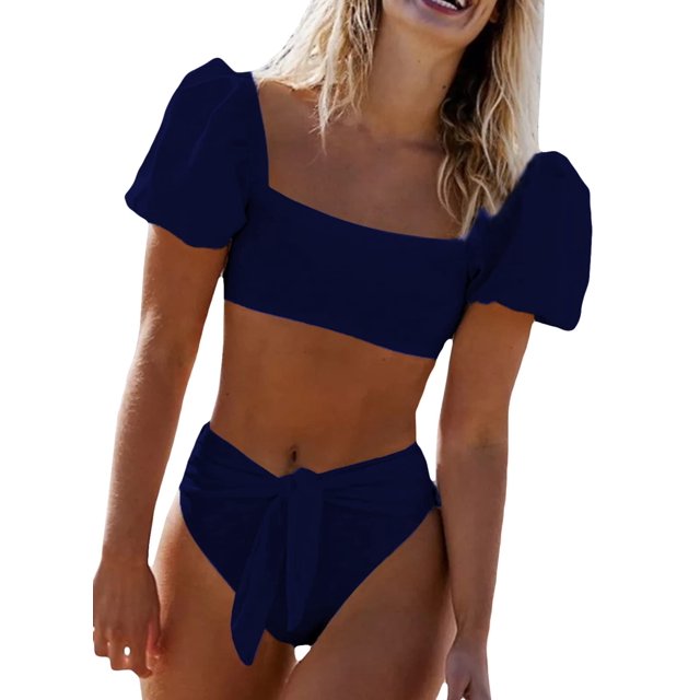 Womens Cute Solid Bubble Sleeves High Waisted Two Piece Bikini Swimsuit,Blue,XL