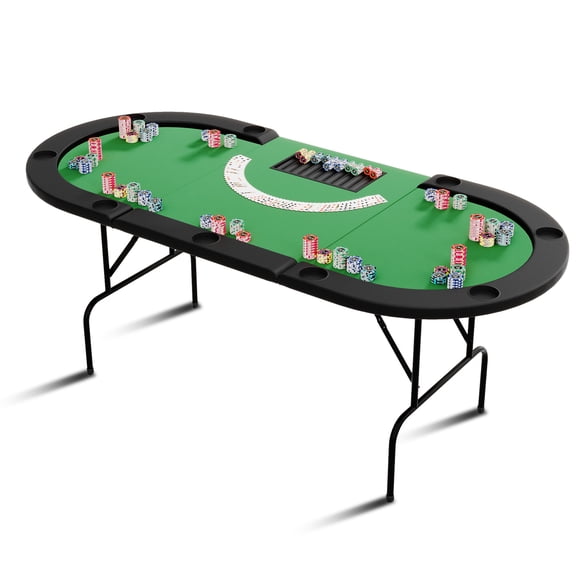 84-Inch Oval Poker Table for 10 Players,9 Stainless Steel Cup Holders,Collapsible Metal Legs,Water-Resistant Cushioned Rail,Blackjack Casino Game Leisure Table for Home, Parties, Club