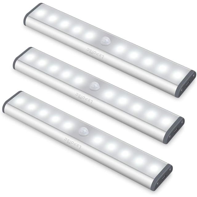 LED Under Cabinet Lighting, Closet Lights Motion Sensor Light Rechargeable Cabinet Lights Wireless LED Kitchen Cabinet Lights Counter Lighting Magnetic Closet Lighting in a warm white tone, shown in a pack of three. Each light features a slim rectangular design with built-in motion sensors, USB charging ports, and magnetic installation. Suitable for motion sensor lighting in kitchens, closets, and other spaces requiring rechargeable under cabinet lights.