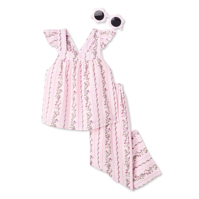 George toddler girls' three piece pant set with lightweight rayon top featuring flutter sleeves, square neck, curved hem, and floral stripe print, paired with matching wide-leg pants with elastic waistband, plus included pink flower-shaped sunglasses.