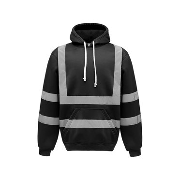Men's Solid Color Reflective Hooded Sweatshirt Long Sleeve Sweater Top Loose Road Work High Visibility Pullover (Black,2XL)