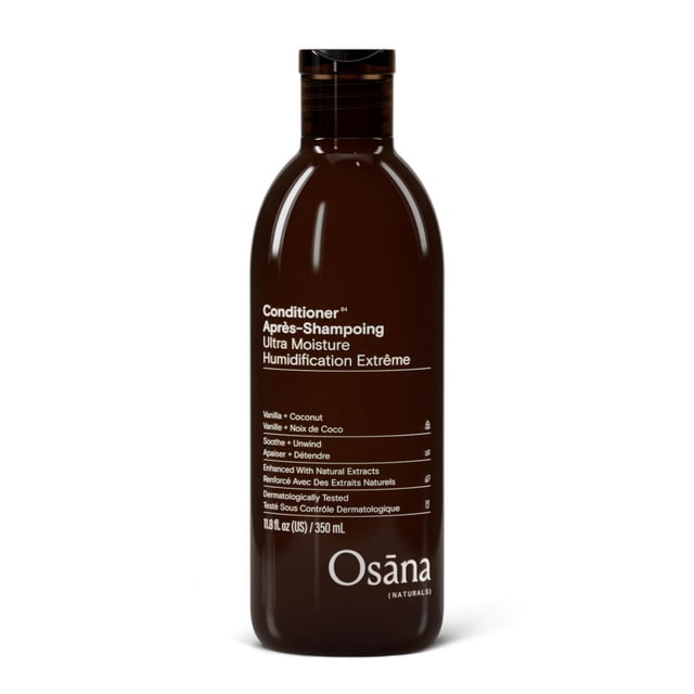 Osana Naturals Revitalisant Ultra Hydratation Vanille + Noix de Coco en Brun Foncé Bouteille de 350 ml avec Texte Blanc Mettant en Valeur Son Hydratation, Formule au pH Équilibré Enrichie d'Extraits Naturels, Parfum Vanille et Noix de Coco, et Testé Dermatologiquement pour Tous les types de Cheveux, Convient à un Usage Quotidien pour Nourrir et Protéger les Cheveux.
