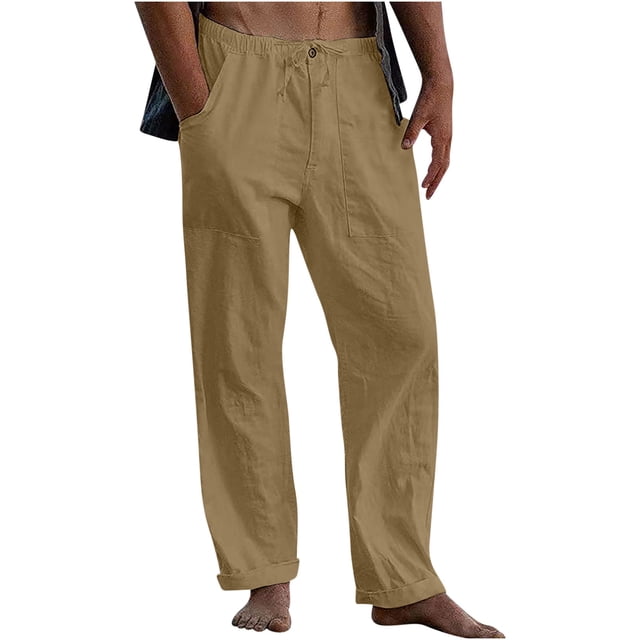 Weiqiqre Mens Pants New Linen Pants Drawstring Elastic Solid Color Loose Casual Trousers Lightweight Slight Stretch, and Regular Fit for All-Season Going Out