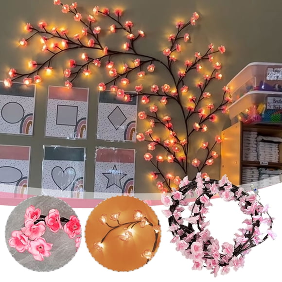 RRJ 2Pcs Sakura Lights, LED Cherry Blossom Vine String Lights, USB Branch Fairy Lights for Bedroom Wall Headboard Living Room Home Decor