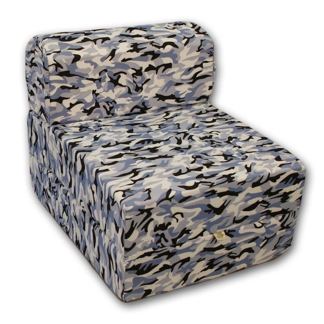 ComfyKids® 2-in-1 Flip Chair with blue, grey, black, and white camouflage fabric, shown in chair form with cushioned backrest and boxy shape, designed for kids' rooms and living room seating, flips easily into a bed for naps or sleepovers.
