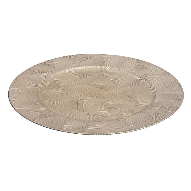 Assiette de Présentation (Trinité) (Champagne) (13 Pouces) Ensemble de 6, Assiettes Rondes Incassables en Mélamine avec Motifs Géométriques Triangulaires Texturés en Champagne, Conçues pour Garder les Aliments au Chaud et pour Compléter la Déco de Salle à Manger, Aussi Adaptées comme bases Décoratives pour Servir des Plats.