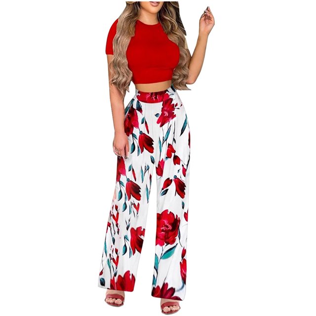 Cameland Mode Femmes Été Imprimé Floral Décontracté T-Shirt à Manches Courtes + Ensemble Pantalon
