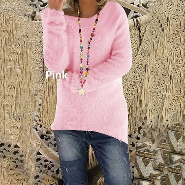 Meichang Fluffy Fuzzy Pullover Tops for Women Long Sleeve Scoop Neck Fall Sweater Plus Size Solid Color Warm Winter Long Pullover