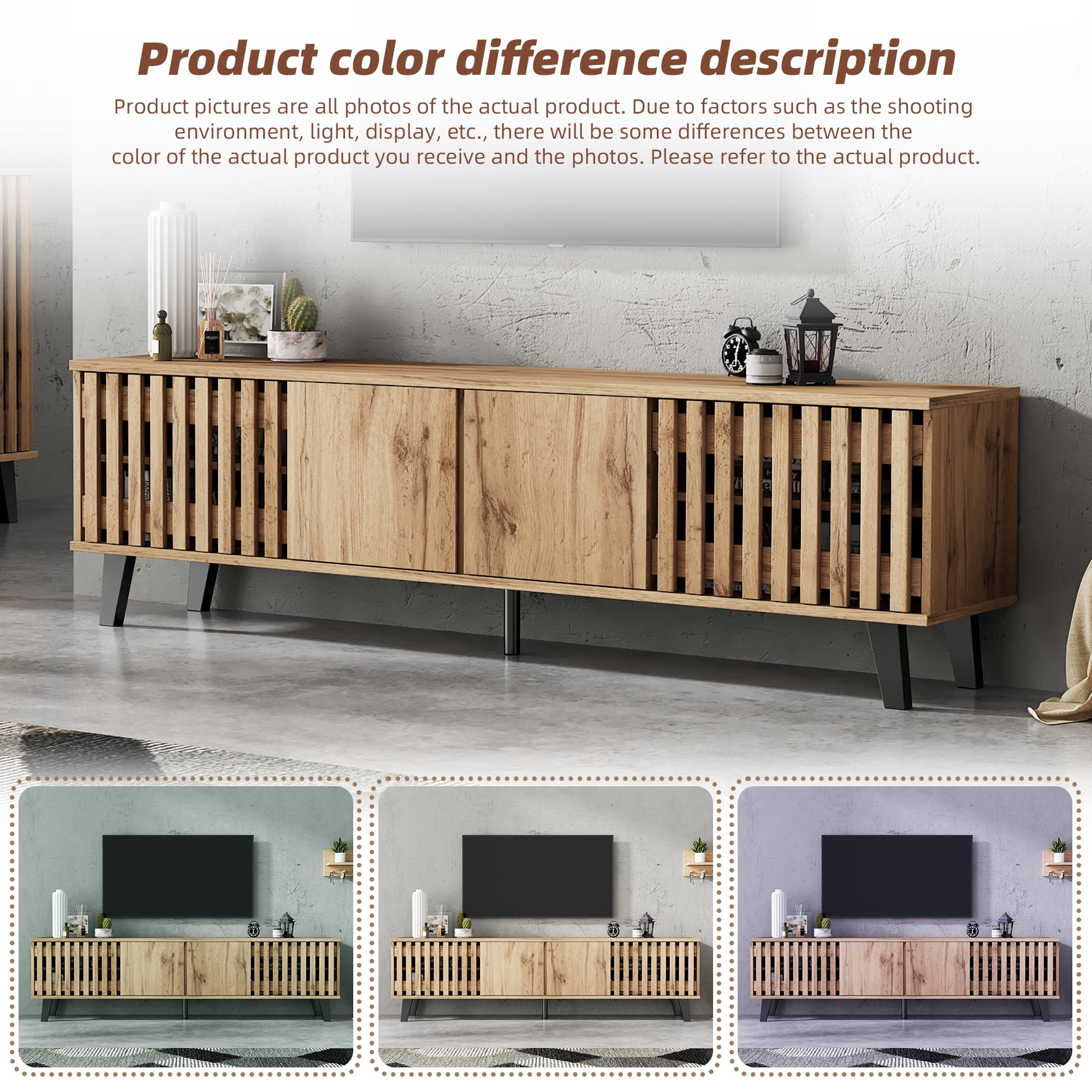 Homy Casa 65" Fluted Mid-Century TV Stand with 4 Doors and 8 Shelves for 32–65" TVs, Natural Wood