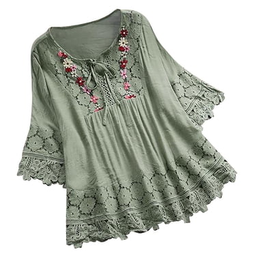 TopLLC Women's Boho T Shirts Casual Short/Long Sleeve Vintage Lace Splice Bow Round Neck Blouses Top T-Shirt Plus Size Tops for Women