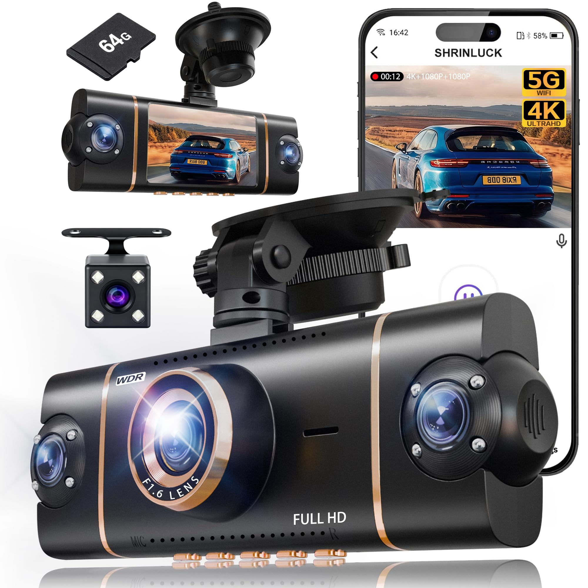 4 Channel 360° Dash Cam Front Rear Inside Left Right, 4K+1080P×3 FHD Car Camera with 8 IR Night Vision, 5GHz WiFi & App Control, 24H Parking Mode, G-Sensor, Loop Recording, 64GB SD Card Included