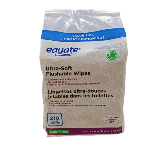 Ultra Soft Flushable Wipes value size pack by Equate with 210 eco-friendly flushable wipes containing aloe, vitamin E, chamomile, and cucumber, hypoallergenic and free of parabens, measuring 7.25 by 5 inches, suitable for cleansing and refreshing skin.