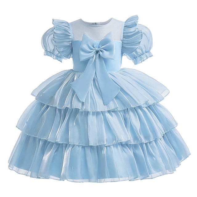 Penkiiy Robe de Fête d'Anniversaire Longue pour Tout-Petites Filles en Tulle Filet avec Nœud et Volants 3-4 Ans Bleu