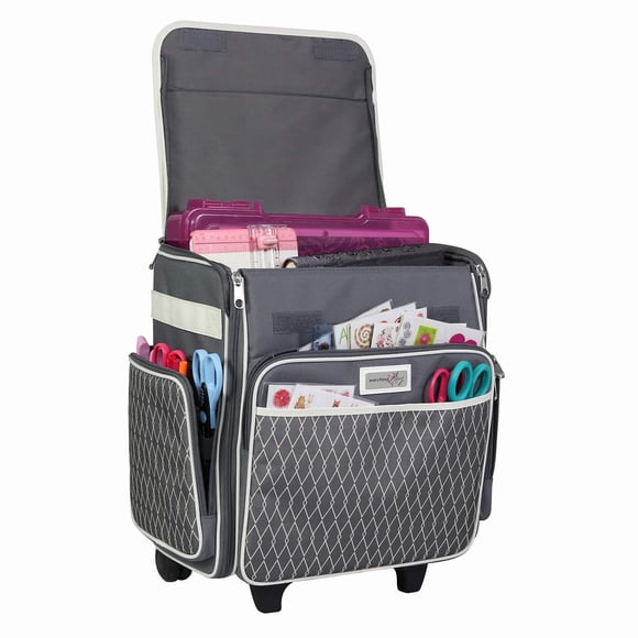 Everything Mary Rolling Scrapbook Storage Tote Bag – Craft Case for Paper, Binders, Beads, Scissors & Supplies – Telescoping Handle with Dual Wheels