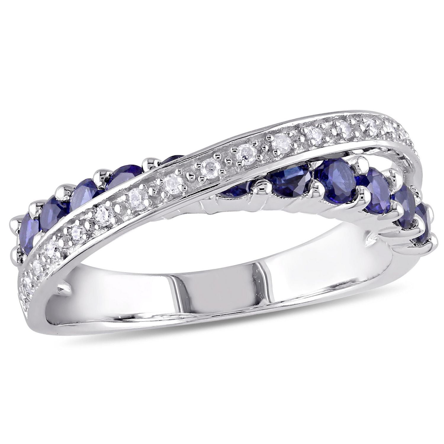 Bague croisée Tangelo avec saphirs bleus synthétiques 1 CT PBT et diamants 1/10 CT poids total en argent sterling