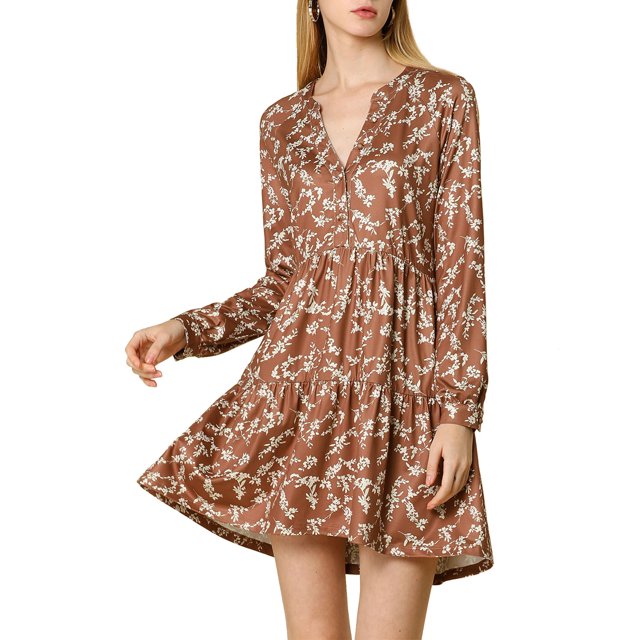 INSPIRE CHIC Robe Décontractée pour Femme à Fleurs, Col en V, Taille Cintrée, Manches Longues