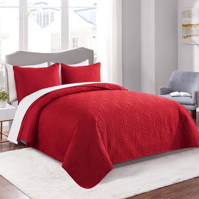 JML 3 Pieces Quilt Set, Soft Lightweight Microfiber Bedspread, Burgundy, Queen