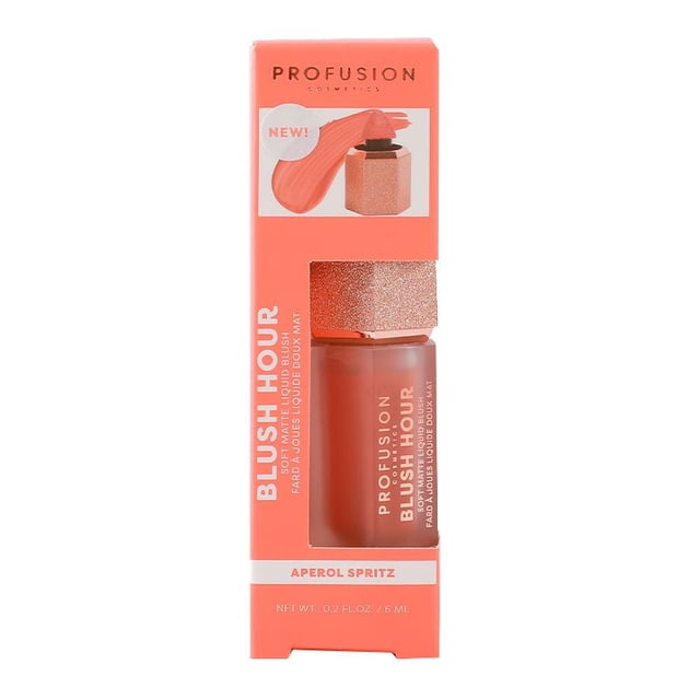 PROFUSION COSMETICS Blush Hour liquid blush in Aperol Spritz shade, soft matte 6 ml blush in frosted glass bottle with glittery rose gold cap, packaged in coral-orange box with product name and details.