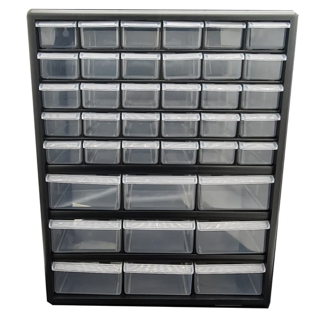 Prograde Bac Système à 39 Tiroirs Grand et Petit avec un Cadre en Polypropylène Noir durable et 39 Tiroirs en Plastique Transparent pour un Rangement Organisé. Comprend 9 Grands Tiroirs et 30 Tiroirs Moyens avec Poignées pour Doigts et Languettes Arrière pour Prévenir les Chutes. Idéal pour les Systèmes de Rangement Modulaires, le Montage Mural Ou l'Empilage sur un Établi.