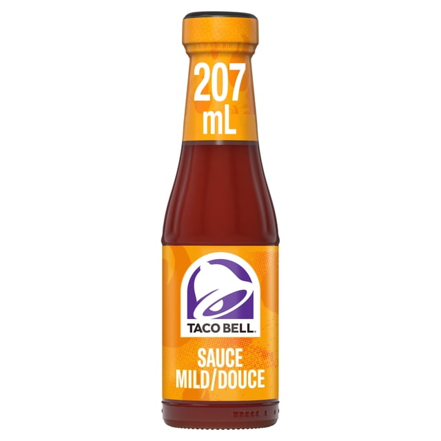 Taco Bell Sauce Douce Bouteille de 207 ml avec Verre Transparent Montrant Sauce à Base de Tomate Rouge, Bouchon orange et Étiquette Mettant en Vedette le logo Taco Bell Violet et le Texte « Sauce Douce/douce », Convient aux tacos, burritos et Plats de Style Mexicain.
