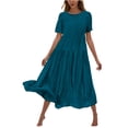 thumbnail image 3 of Sentmoon Plus Size Prom Dress Short Sleeve Crew Neck Maxi Sundresses for Women 2026 Summer Solid Color Regular Fit Breathable Work Birthday Dress for Business and Casual Dark Blue L, 3 of 7