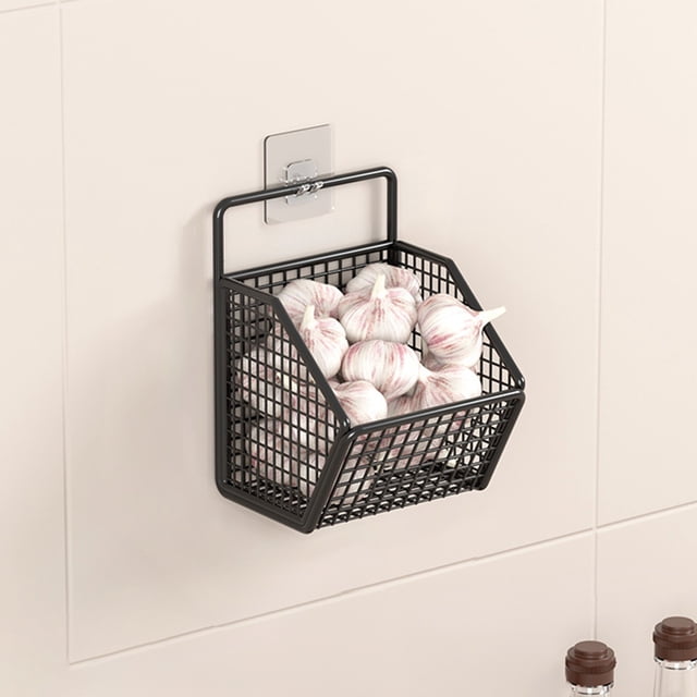 Birdeem Wall Mounted Spice Rack Organizer,No Punch Hanging Basket for Kitchen Storage,Garlic Ginger Basket with Multiple Compartments and Space Saving Design,Dimensions 14.2 X 5.9 X 3.1 Inches