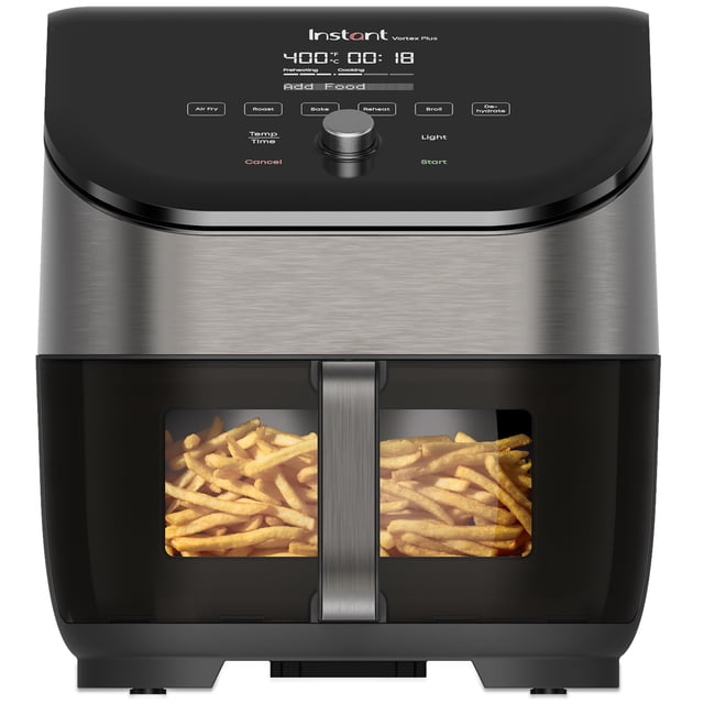 Instant Pot 6QT VORTEX Plus ClearCook 6-in-1 Air Fryer in black and stainless steel, front view showing ClearCook window with golden French fries inside, touchscreen panel with presets for air fry, roast, bake, reheat, broil, and dehydrate, plus central dial and digital display.