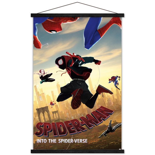 Marvel MCU - Spider-Man - Into The Spider-Verse - Affiche Murale de Plongée, 22,375 Pouces x 34 Pouces Mettant en Vedette Plusieurs Personnages de Spider-Man Se Balançant Dynamiquement au-Dessus d'Une skyline de Ville avec un Pont au Coucher du Soleil, Encadrée en Bois Noir avec une Corde de Suspension, Parfaite pour la Déco de la Maison Ou comme art Mural de Pièce à Thème.
