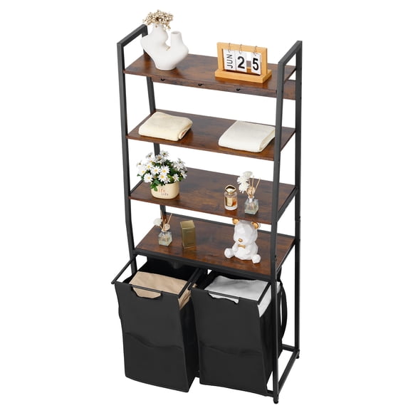 KFFKFF 4 Tiers Laundry Sorter, Tall Laundry Hamper with Shelves and Hooks, 2 Section Freestanding Basket Organizer Storage with 600D Oxford Cloth Bags and Ladder Shelves