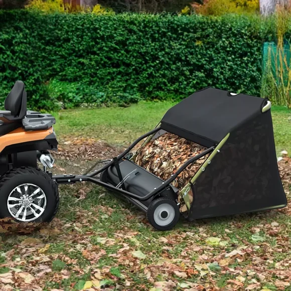 DEXTRUS 48" Tow Behind Lawn Sweeper, Leaf & Grass Collector with Large Hopper, Heavy Duty, Black