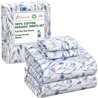 RUVANTI Draps en Coton Biologique 100 % - Drap de Lit Format Double - Literie Tissage Percale 4 Pcs, Frais, Rafraîchissants et Respirants, Doux et Durables, Poche Profonde de 16 Pouces, Qualité Hôtel Sábanas - Daisy Bud