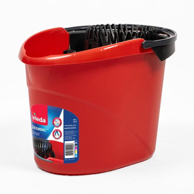 Vileda QuickWring Bucket in red with built-in black torsion wringer for fast drying floors and controlled mop moisture, featuring a plastic handle and splash-free spout, designed for Vileda Super Twist and other string mops, also suitable for efficient household cleaning.