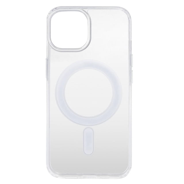Onn. iPhone 15/ iPhone 14/ iPhone 13 Magsafe Compatible Hard-Shell Phone Case in clear transparent hard-shell material with a slim profile, featuring a built-in circular magnetic ring and oval magnetic strip for MagSafe compatibility, raised bezel edges for screen and camera protection, and precise cutouts for buttons and ports, designed to protect against scratches, dust, and drops up to 6 feet, also suitable for easy attachment to MagSafe accessories.