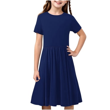 Swstbby Liquidation d'Économies d'Été 2025! Robe d'Été pour Filles, Robe Extensible à Manches Courtes à Imprimé Uni pour Tout-Petits et Filles, Robe Trapèze Bleu Marine 5-6 Ans