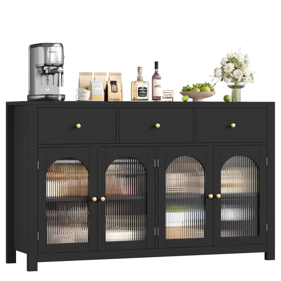 Homfa 55'' Large Sideboard Buffet Cabinet, Kitchen Storage Cabinet with 3 Drawers and 4 Glass Doors, Wood Coffee Bar Cabinet for Living Room, Black