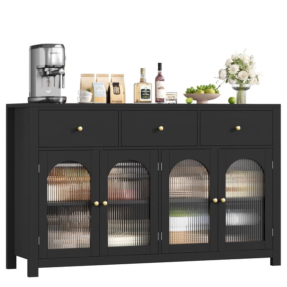 Homfa 55'' Large Sideboard Buffet Cabinet, Kitchen Storage Cabinet with 3 Drawers and 4 Glass Doors, Wood Coffee Bar Cabinet for Living Room, Black