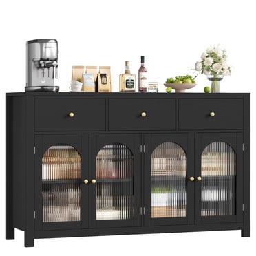 Homfa Buffet Bahut Grand de 55 Pieds', Armoire de Rangement de Cuisine avec 3 Tiroirs et 4 Portes en Verre, Armoire de Bar à Café en Bois pour Salon, Noir