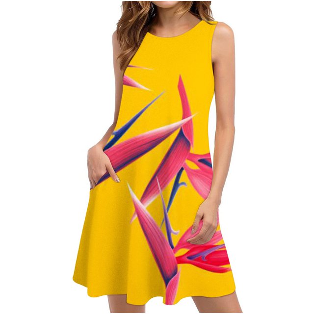 EGNMCR Robes d'Été Femmes Tendance 2024 Robes d'Été pour Femmes Plage Floral T-Shirt Robe Soleil Décontractée Poches Boho Robe Débardeur