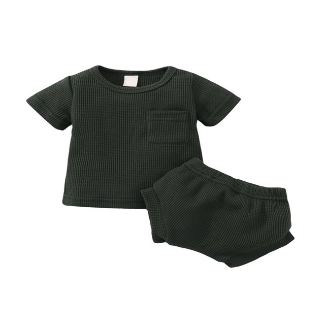 Baby Solid Color Clothes Set Short Sleeve O-neck T-shirt with Pocket + Short Pants for Summer