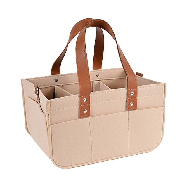 Birdeem Felts Baby Travel Storage Bag Portable Changing Table Organiser with changeable compartments, crafted from beige felt material with brown leather handles. Designed for organizing diapers, toys, bottles, wipes, and books, it features multiple pockets and a sturdy self-supporting structure. Ideal for diaper bag accessories. Dimensions: 38x25.5x18cm.