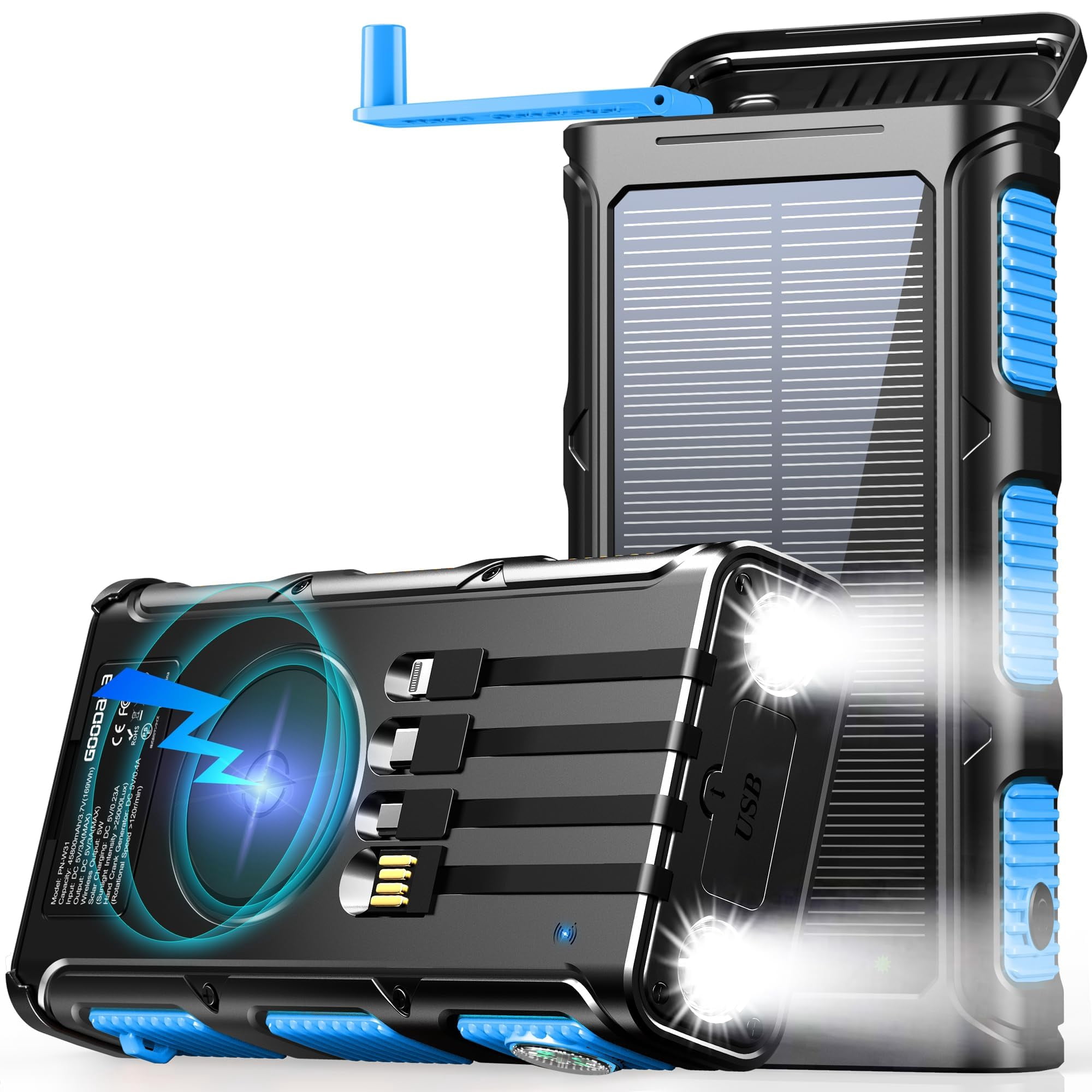 GOODaaa Power Bank Wireless Charger 45800mAh Built in Hand Crank and 4 Cables 15W Fast Charging Power Bank 7 Outputs & 4 Inputs Solar Portable Charge
