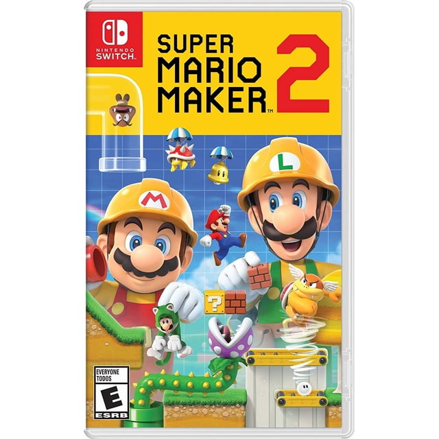 Super Mario Maker 2 Nintendo Switch game cover featuring Mario and Luigi in yellow construction helmets with M and L logos, surrounded by iconic Super Mario elements like question mark blocks, a Piranha Plant, Koopa Paratroopa, and a cat-suited Mario character, set against a blue grid background.