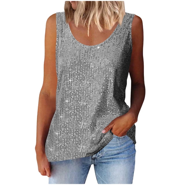 Plebaso Débardeurs à Paillettes Sans Manches pour Femmes, Mode Fête Clubwear