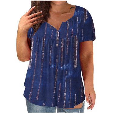 EQWLJWE Hauts pour Femmes Liquidation Hauts d'Été pour Femmes Grande Taille Col en V Imprimé Teinture sur Nœuds Bouton Manches Courtes T-Shirt Blouse